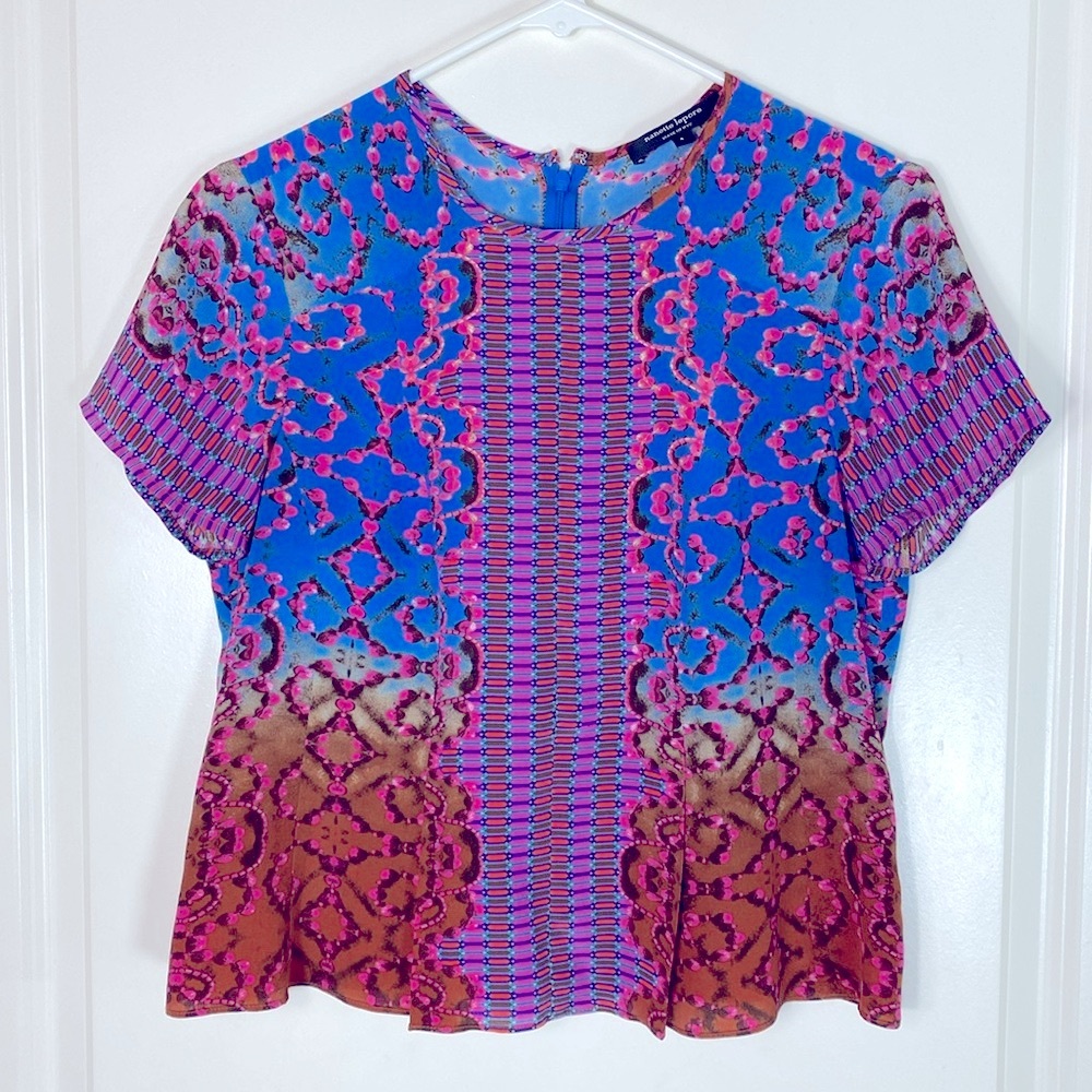 Nanette Lepore Silk Top w Multicolor Bead Pattern, Size 4 🧿 Blue Pink Orange
